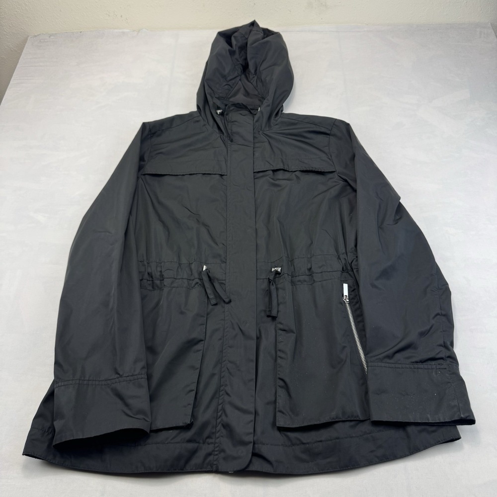 Merona Womens L Black Hooded Utility Jacket Drawstring Waist Zip Coat